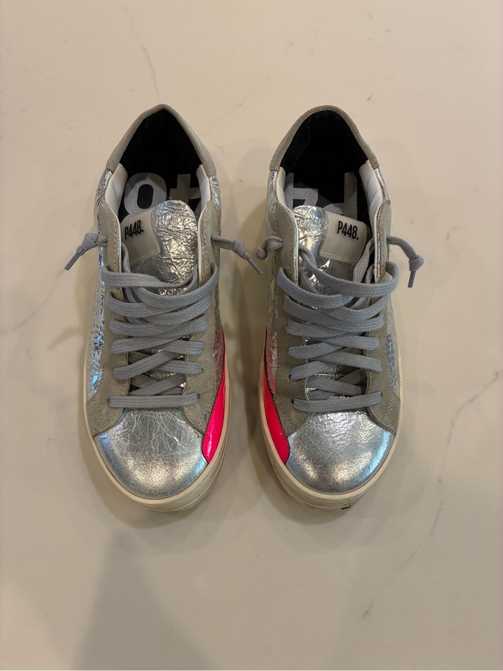 P448 Silver Metallic with Hot Pink Accent Women's Low-Top Sneakers